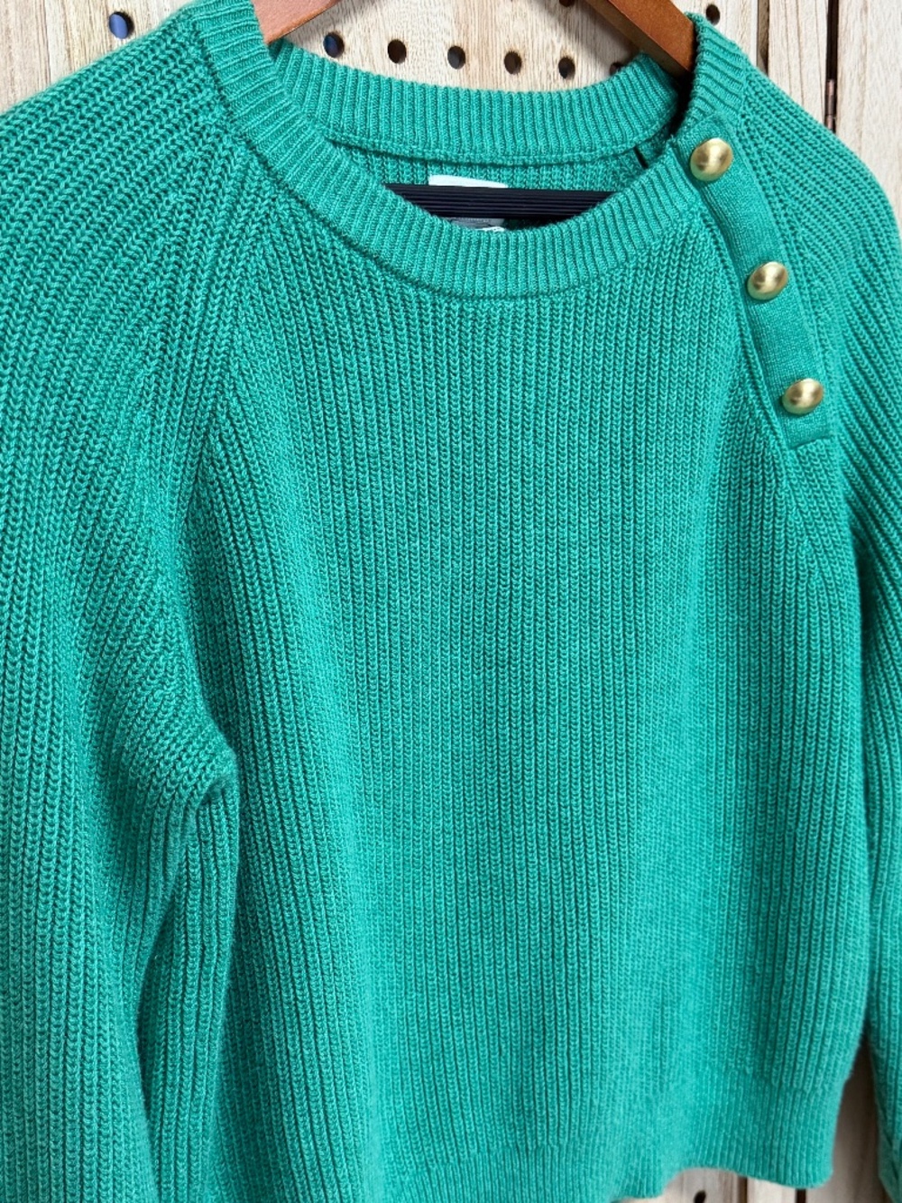 J.Crew Emerald Green Cotton Sweater Gold Button Shoulder XS
